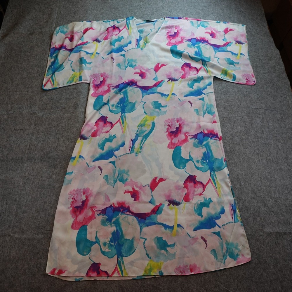 Natori Caftan Womens Large Multicolor Floral Watercolor Kimono VNeck Maxi